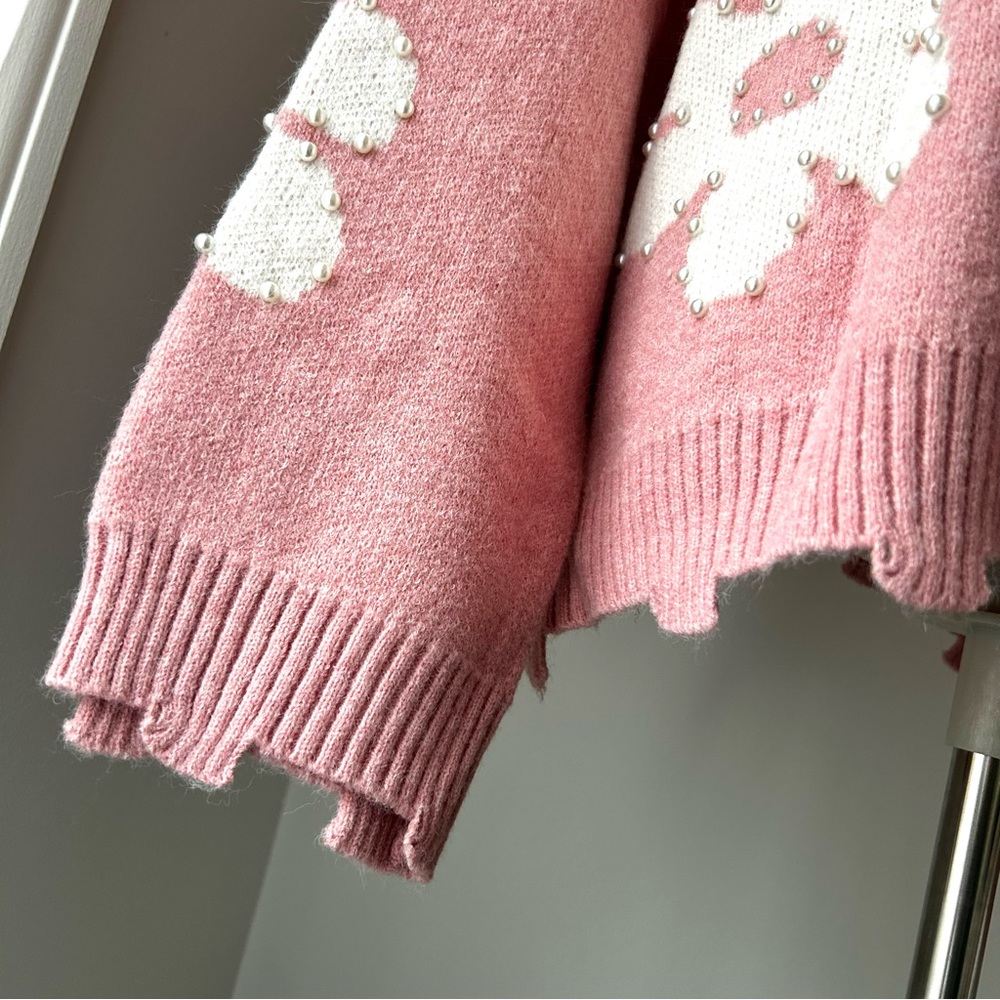 🍂Pearl Beaded Pink Spring Daisy Drop Shoulder Sweater - Picture 5 of 7